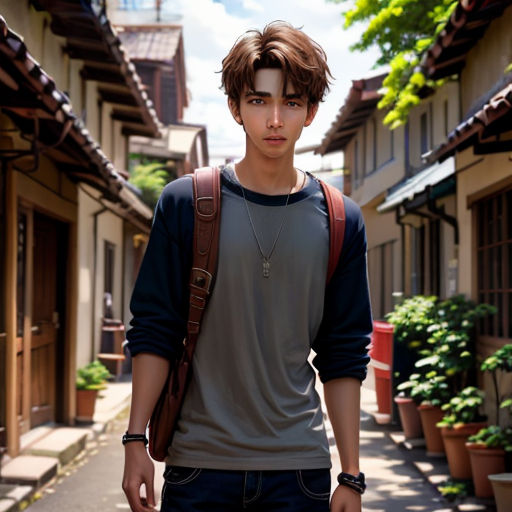 a young man walking down a street next to a building with a backpack on his shoulder and a backpack on his shoulder