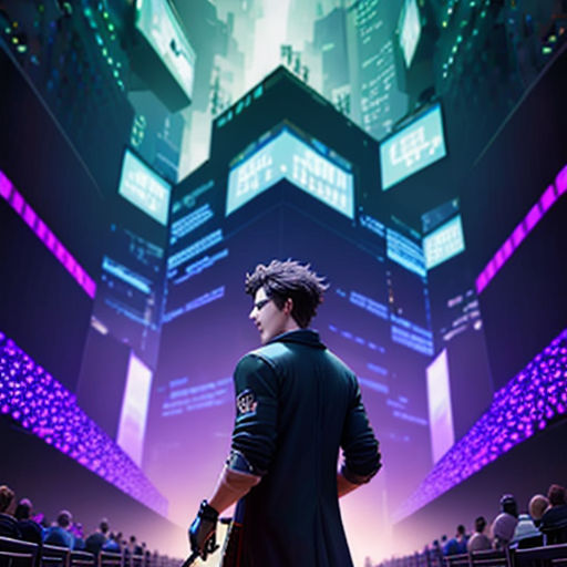 a man in a black coat and a black hat standing in front of a cityscape with neon lights