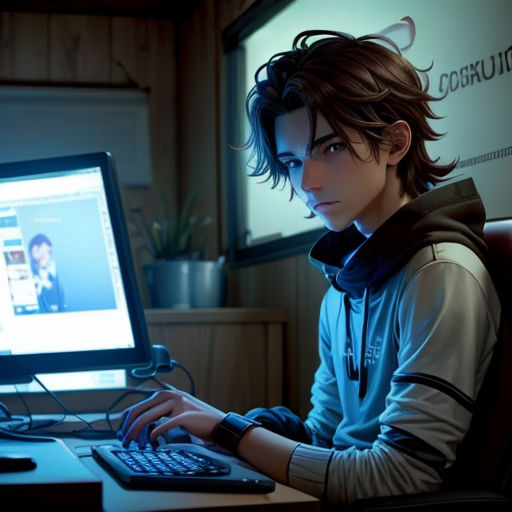 a man sitting at a desk with a computer and a keyboard in front of him, with a monitor and mouse in front of him
