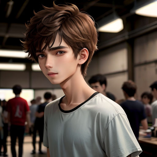 a man with a short brown hair standing in a room with people in the background and a man with a short brown hair standing in a room with a short brown hair