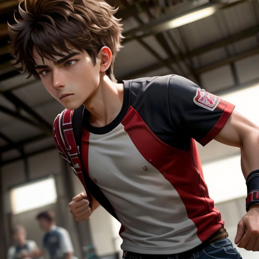 a young man with a backpack running in a warehouse area with other people in the background and a man in a white shirt and jeans
