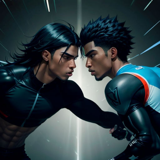 two men in futuristic outfits fighting each other with their hands together, with a black background and a white and red light