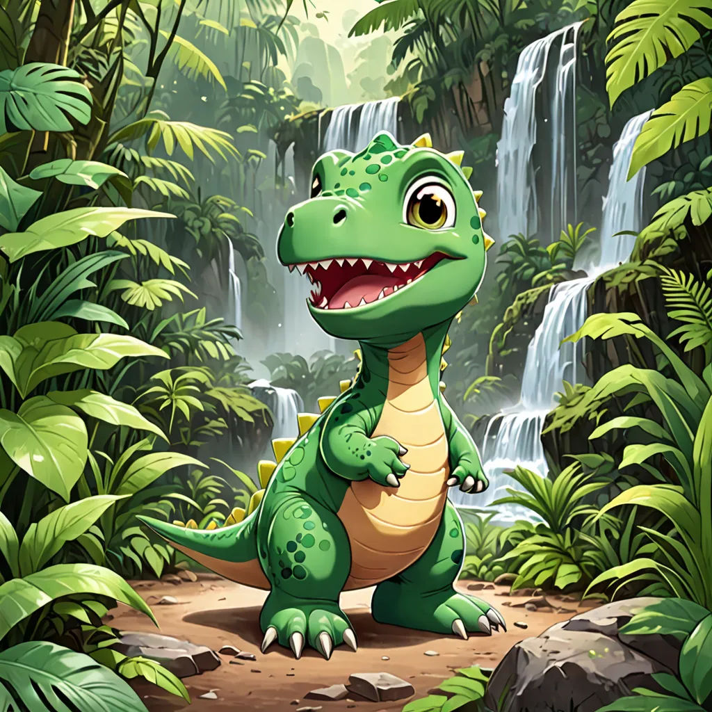 a cartoon dinosaur in the jungle with a waterfall in the background and a smiling face on his face,, sots art, concept art, Adam Rex, magic the gathering artwork