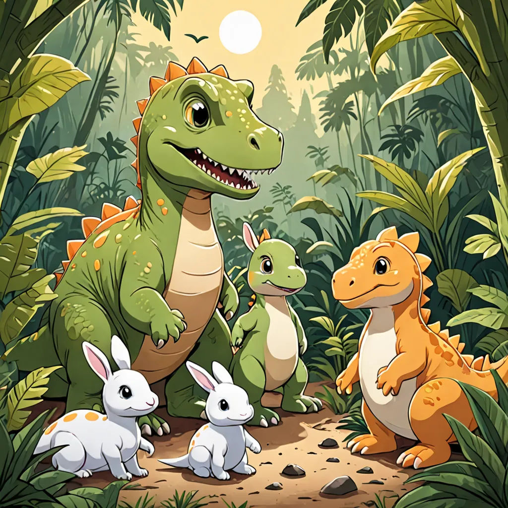 a group of dinosaurs in a jungle with a baby rabbit in the foreground and a large dinosaur in the background, lyco art, a storybook illustration, Adam Rex, rossdraws global illumination