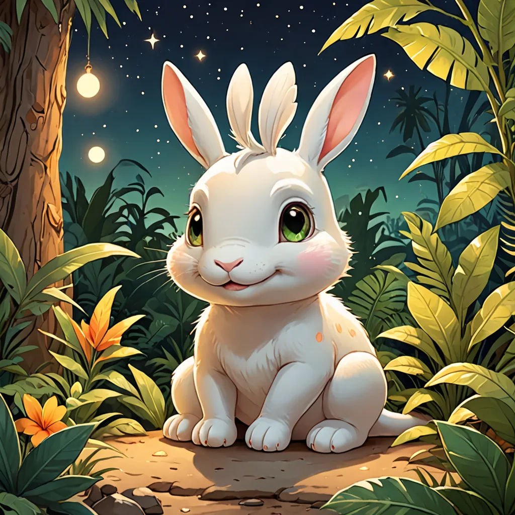 a white rabbit sitting in the middle of a forest at night with stars and moon above it, with a full moon in the sky, fantasy art, a character portrait, Brom, rossdraws global illumination