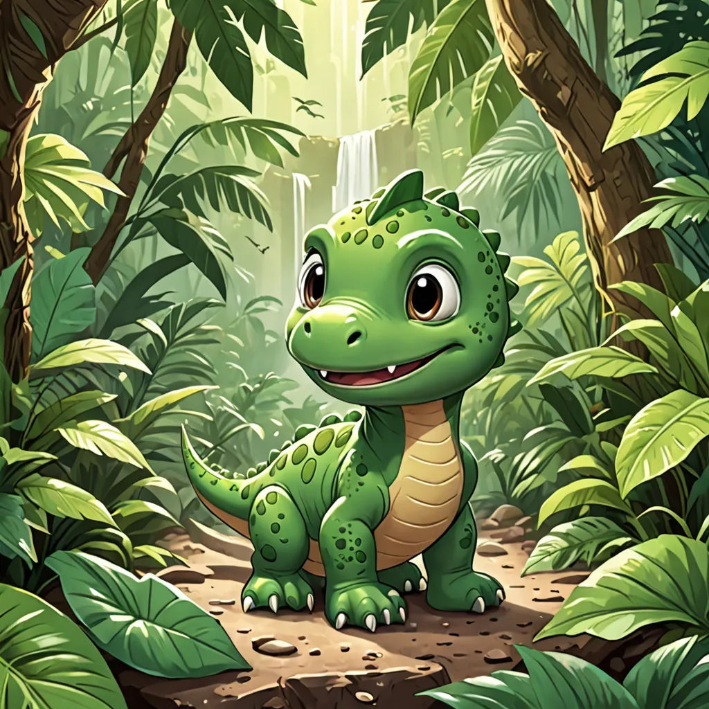 a green dinosaur in a jungle with a waterfall in the background and lots of leaves around it, with a smiling face, sots art, a character portrait, Chris LaBrooy, rossdraws global illumination