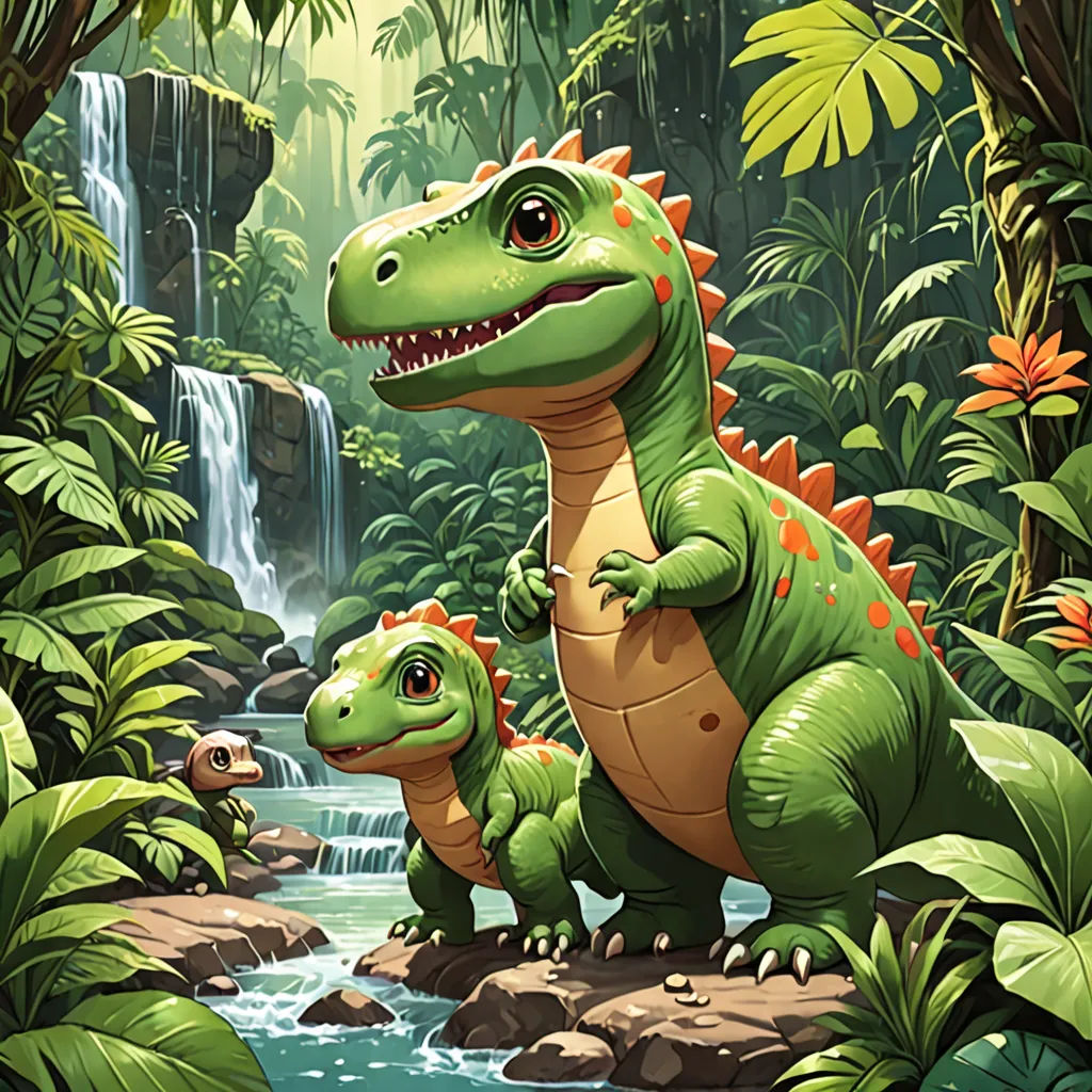 a mother dinosaur and her baby in a jungle setting with a waterfall in the background and a waterfall in the foreground, fantasy art, a storybook illustration, Adam Rex, magic the gathering artwork