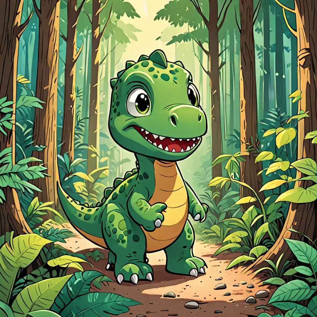 a cartoon dinosaur in the jungle with a smile on his face and a big smile on his face, standing in the middle of a path, sots art, a storybook illustration, Chris LaBrooy, 2 d game art