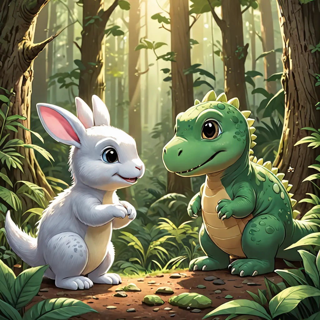 a white rabbit and a green dinosaur in a forest with trees and plants on the ground and sunlight shining through the trees, furry art, a storybook illustration, Chris Rallis, magic the gathering artwork