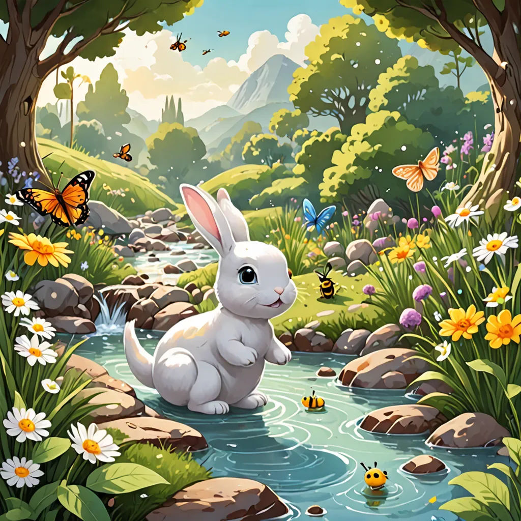 a white rabbit sitting on a rock in a stream of water surrounded by flowers and butterflies, with a butterfly flying above, fantasy art, a storybook illustration, Chris LaBrooy, splash art
