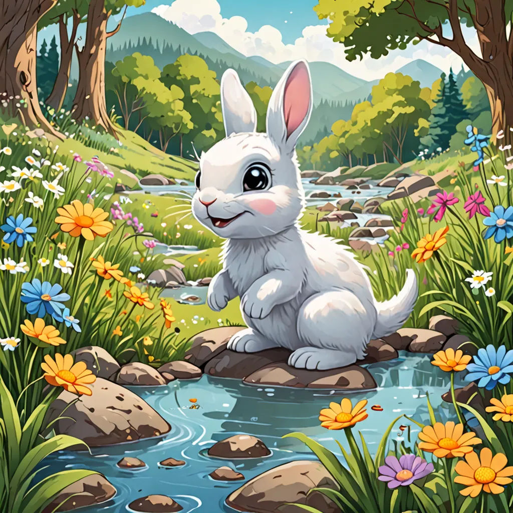 a white rabbit sitting on a rock in a forest by a stream of water and flowers with a mountain in the background, fantasy art, a character portrait, Anne Stokes, official art