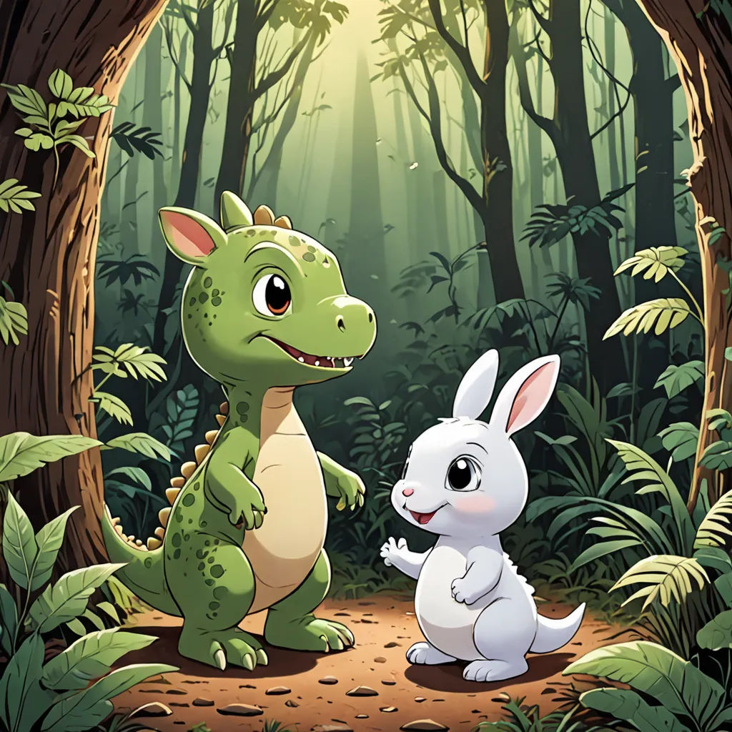 a cartoon of a baby dinosaur and a large white rabbit in a forest with trees and plants, with sunlight coming through the trees, lyco art, a storybook illustration, Abidin Dino, storybook illustration