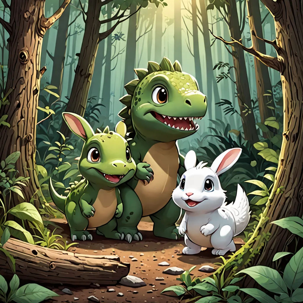 a group of dinosaurs in the forest with a rabbit and a dinosaur in the foreground with a forest background, furry art, a storybook illustration, Abidin Dino, rossdraws global illumination