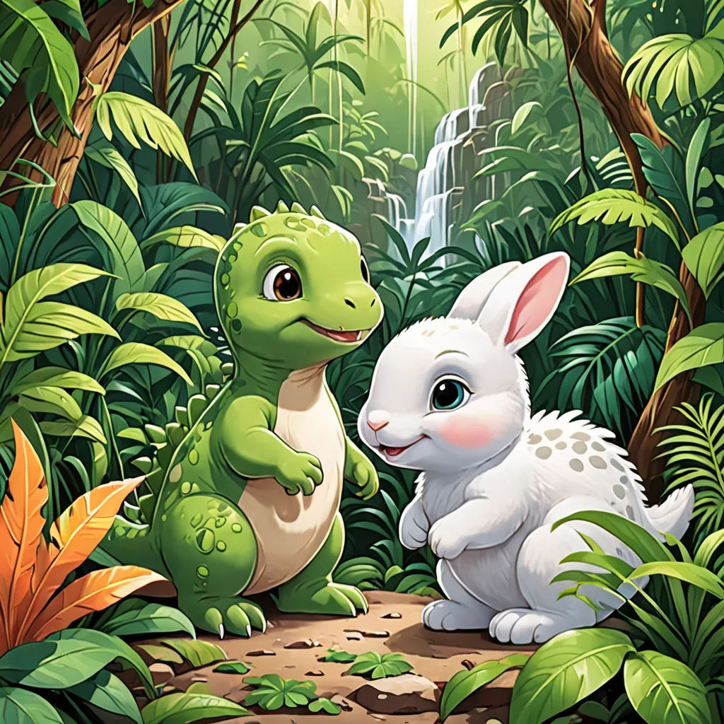 a white rabbit and a green dinosaur in a jungle setting with a waterfall in the background and a waterfall in the background, lyco art, a storybook illustration, Abidin Dino, official art