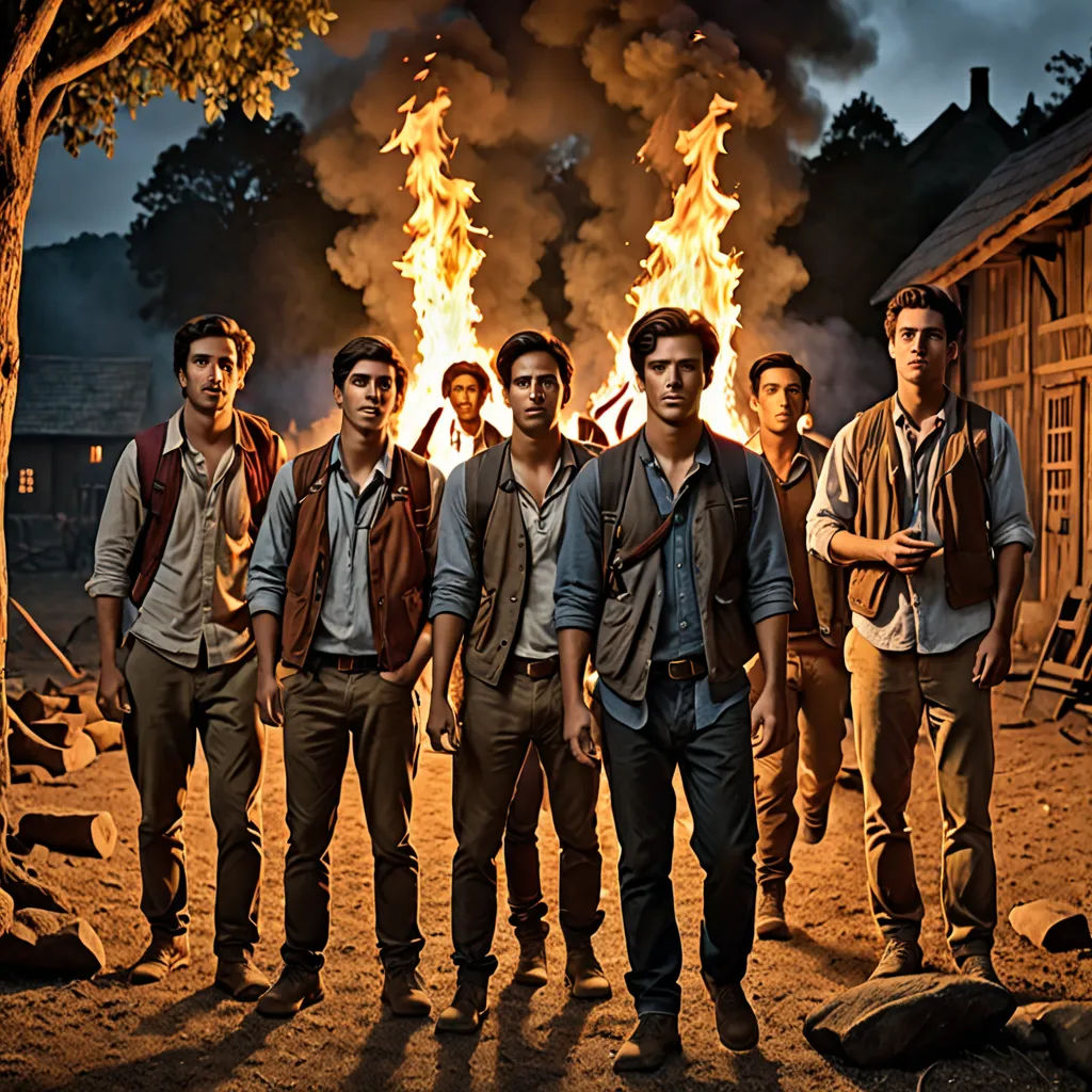 a group of men standing next to each other in front of a fire filled building with flames coming out of it, primitivism, a poster, Anne Said, promotional image