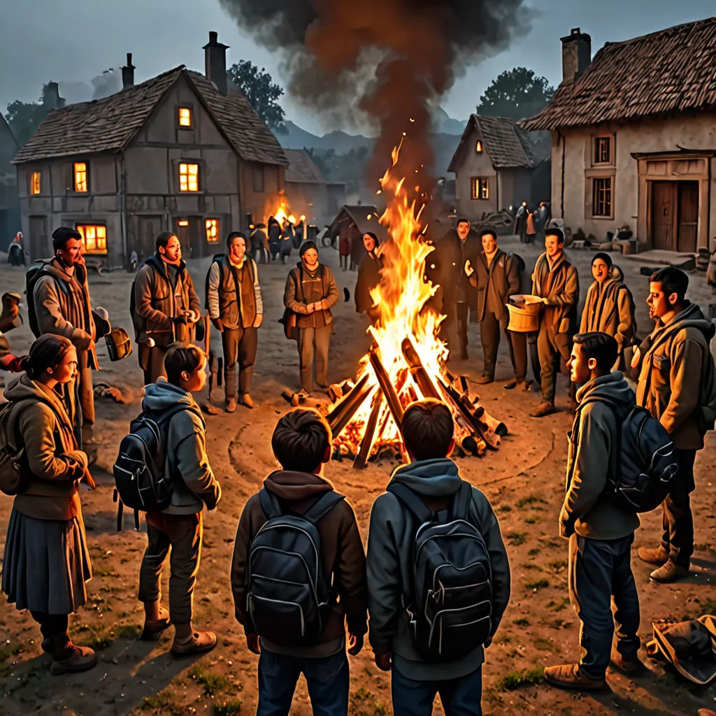 a group of people standing around a fire in a village at night with a fire in the middle of the picture, socialist realism, a detailed matte painting, Anne Said, promotional image