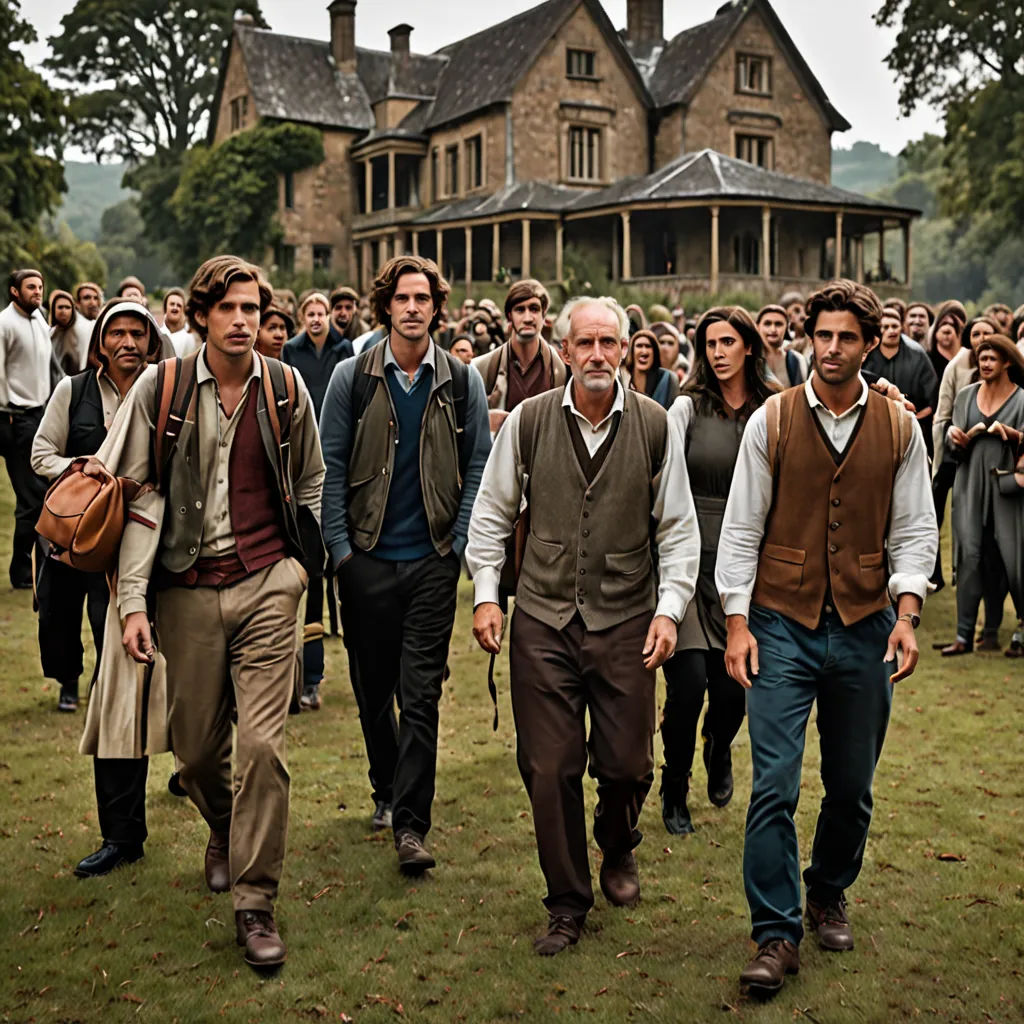 a group of people walking down a field next to a large house with a lot of people in it, arts and crafts movement, a poster, Ada Hill Walker, promotional image