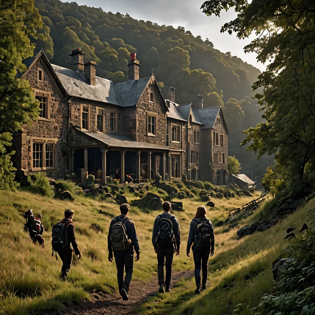 a group of people walking down a dirt road past a large house on a hill side with a forest in the background, vancouver school, a poster, Ada Hill Walker, promotional image