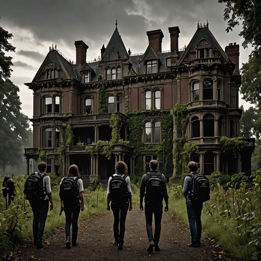 a group of people walking towards a large building with ivy growing on it's walls and windows on a cloudy day, vancouver school, a detailed matte painting, Dirk Crabeth, promotional image