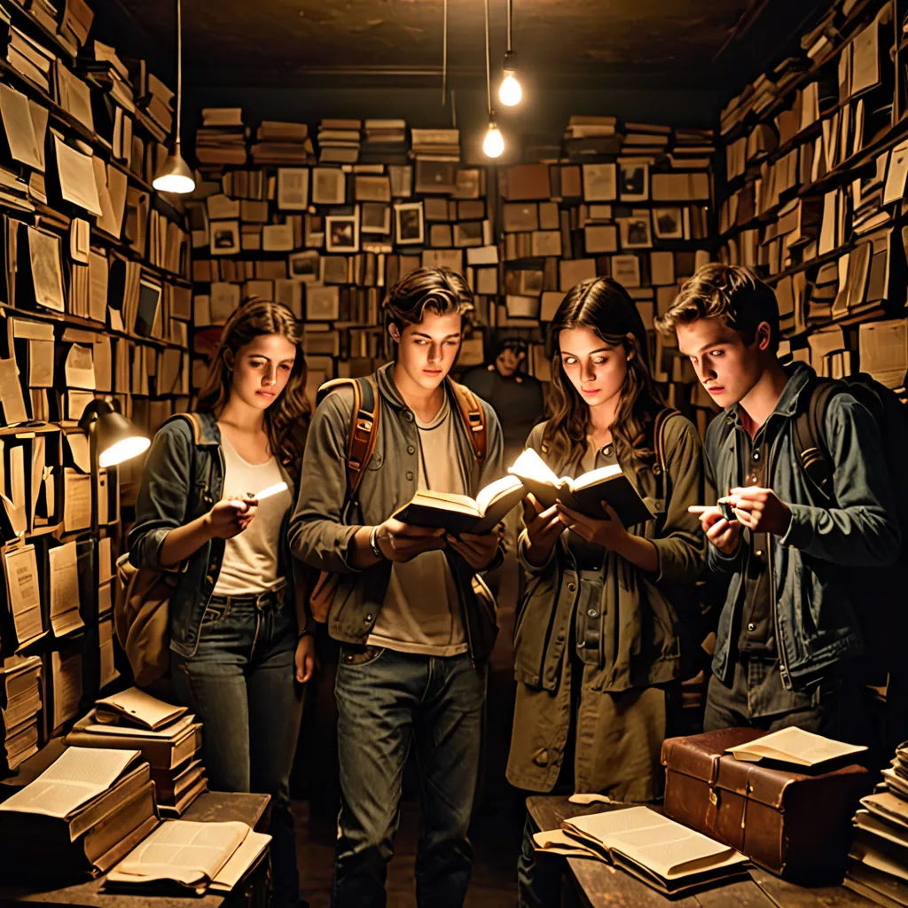 a group of people standing in a room filled with books and lights, all looking at a book together, academic art, a poster, Anne Said, promotional image