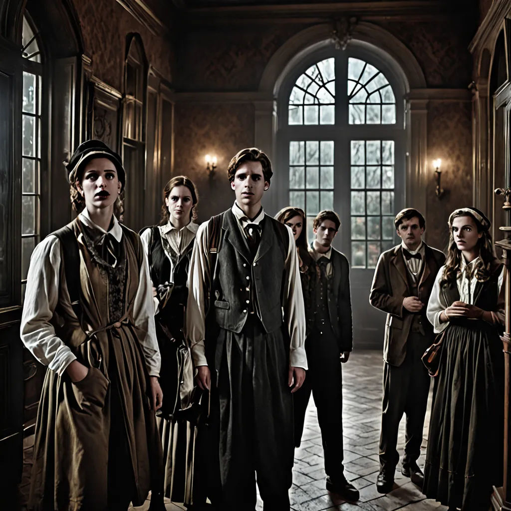 a group of people standing in a room next to a window with a clock on it's face, arts and crafts movement, a poster, Anne Said, promotional image
