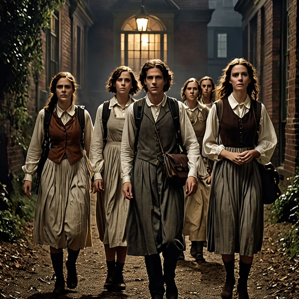 a group of people walking down a street next to a building with a light on above them and a person in the middle of the picture, antipodeans, a poster, Anne Said, promotional image