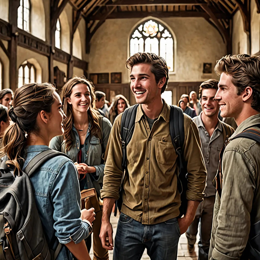 a group of people standing in a building with a man in a backpack talking to a woman in a crowd, heidelberg school, a stock photo, David Teniers III, promotional image