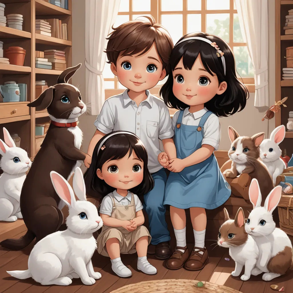 a couple of kids sitting next to a bunch of rabbits in a room with a dog and cat on the floor, lyco art, a storybook illustration, Artgerm, storybook illustration