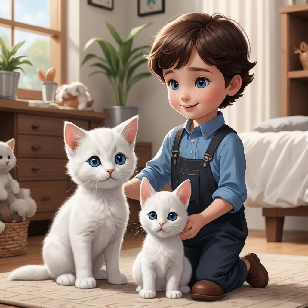 a boy is holding two white kittens in a room with a bed and a dresser and a teddy bear, furry art, a storybook illustration, Diego Gisbert Llorens, professional digital painting