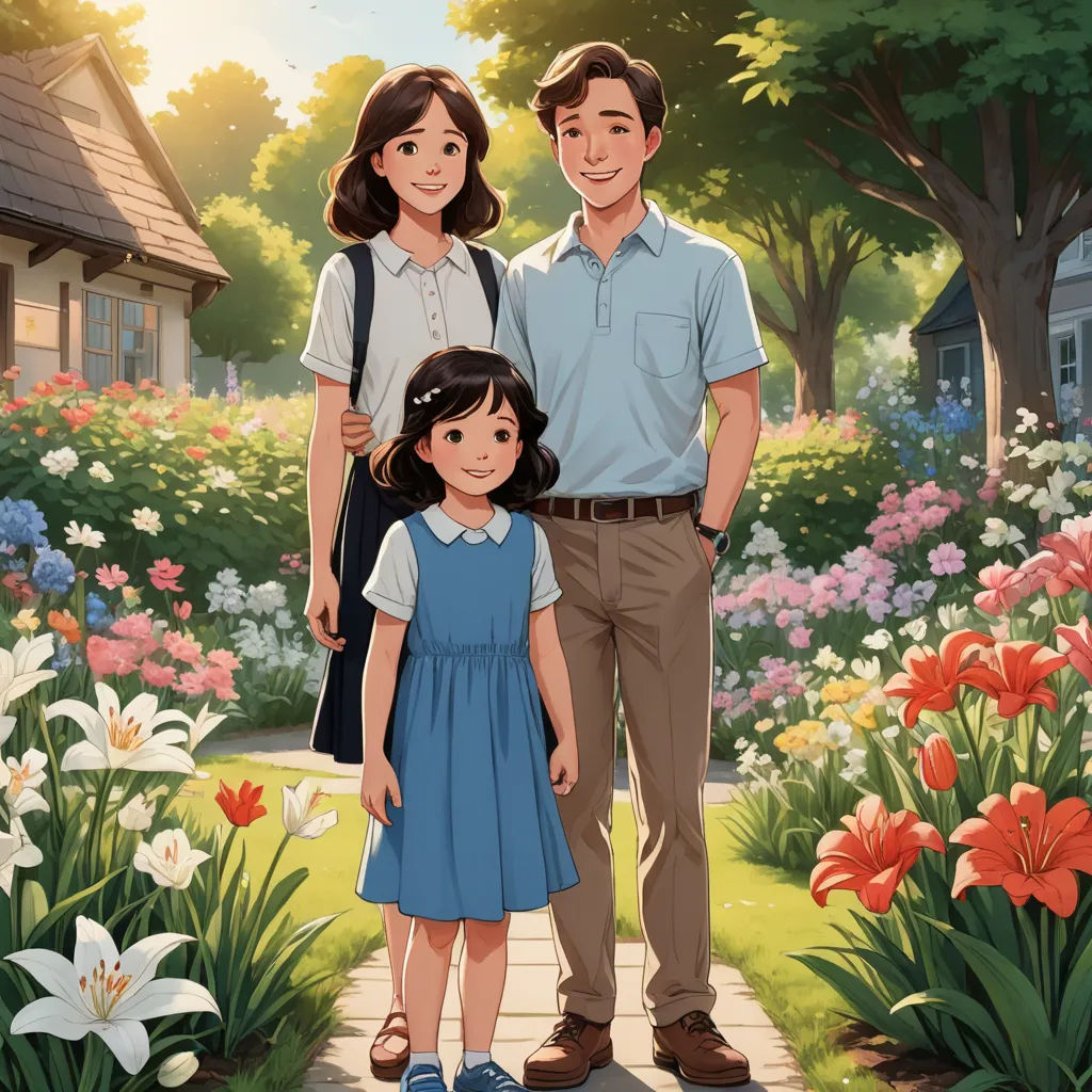 a man and a woman standing in front of a garden with flowers and a house in the background with a little girl standing next to them, american scene painting, a storybook illustration, David Park, official art