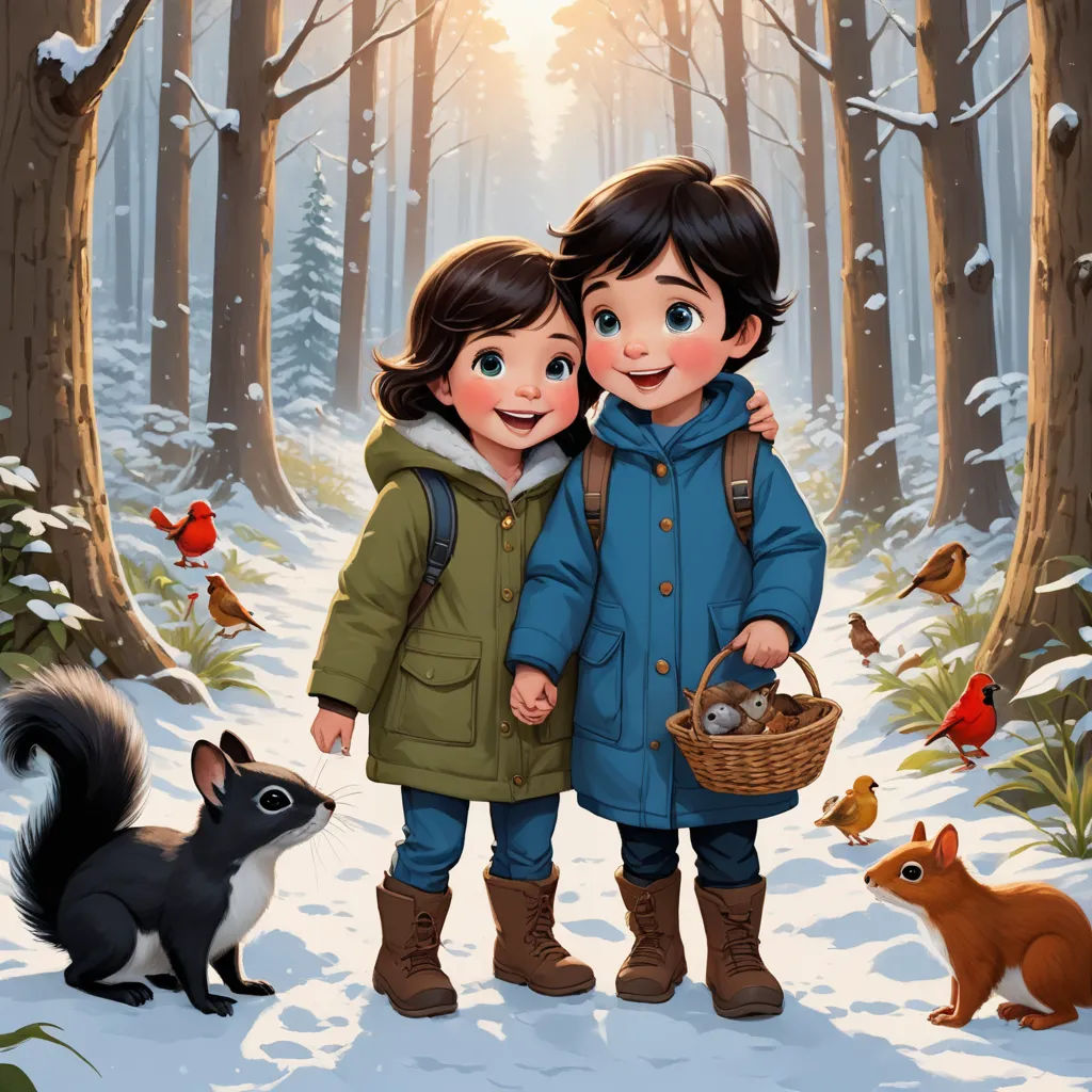 two children standing in the snow with a squirrel and squirrelling nearby, and a forest scene with trees and birds, lyco art, a storybook illustration, Brothers Hildebrandt, highly detailed digital painting
