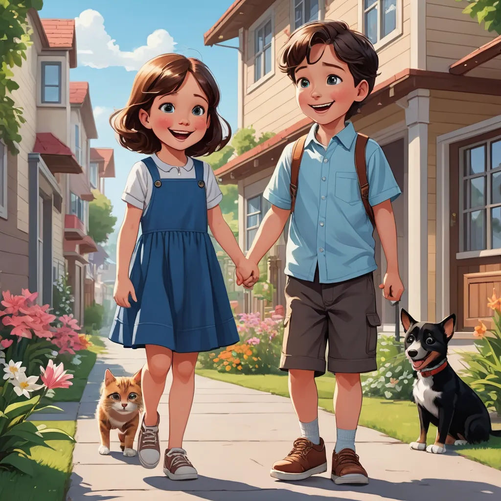 a boy and a girl holding hands while walking a dog down a sidewalk in front of a house with a dog, american scene painting, a storybook illustration, Aaron Jasinski, official art