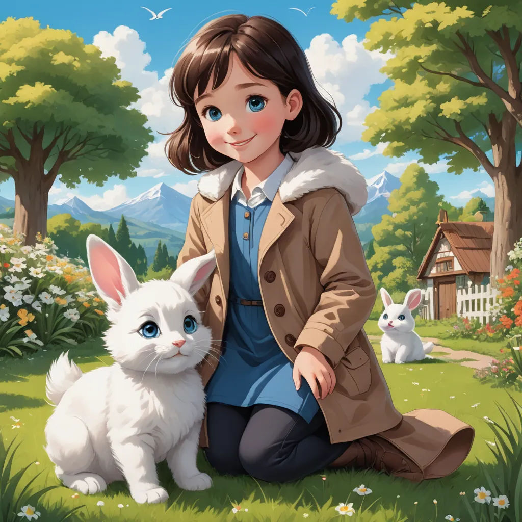 a girl sitting on the ground with a white cat and a white bunny in front of her, with a house in the background, furry art, a storybook illustration, Alice Prin, official art