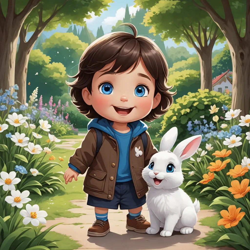 a little boy standing next to a white rabbit in a forest with flowers and trees behind him, with a blue eyed boy in the background, fantasy art, a storybook illustration, Aaron Jasinski, key art