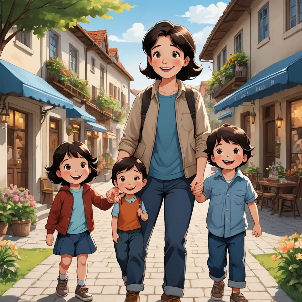 a woman and two children walking down a street in front of a building with a blue awning on it, lyco art, a storybook illustration, Fernando Amorsolo, official art