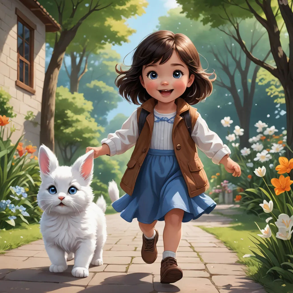 a little girl walking down a path with a white cat next to her on a sunny day with flowers, fantasy art, a storybook illustration, Chris Rallis, official art
