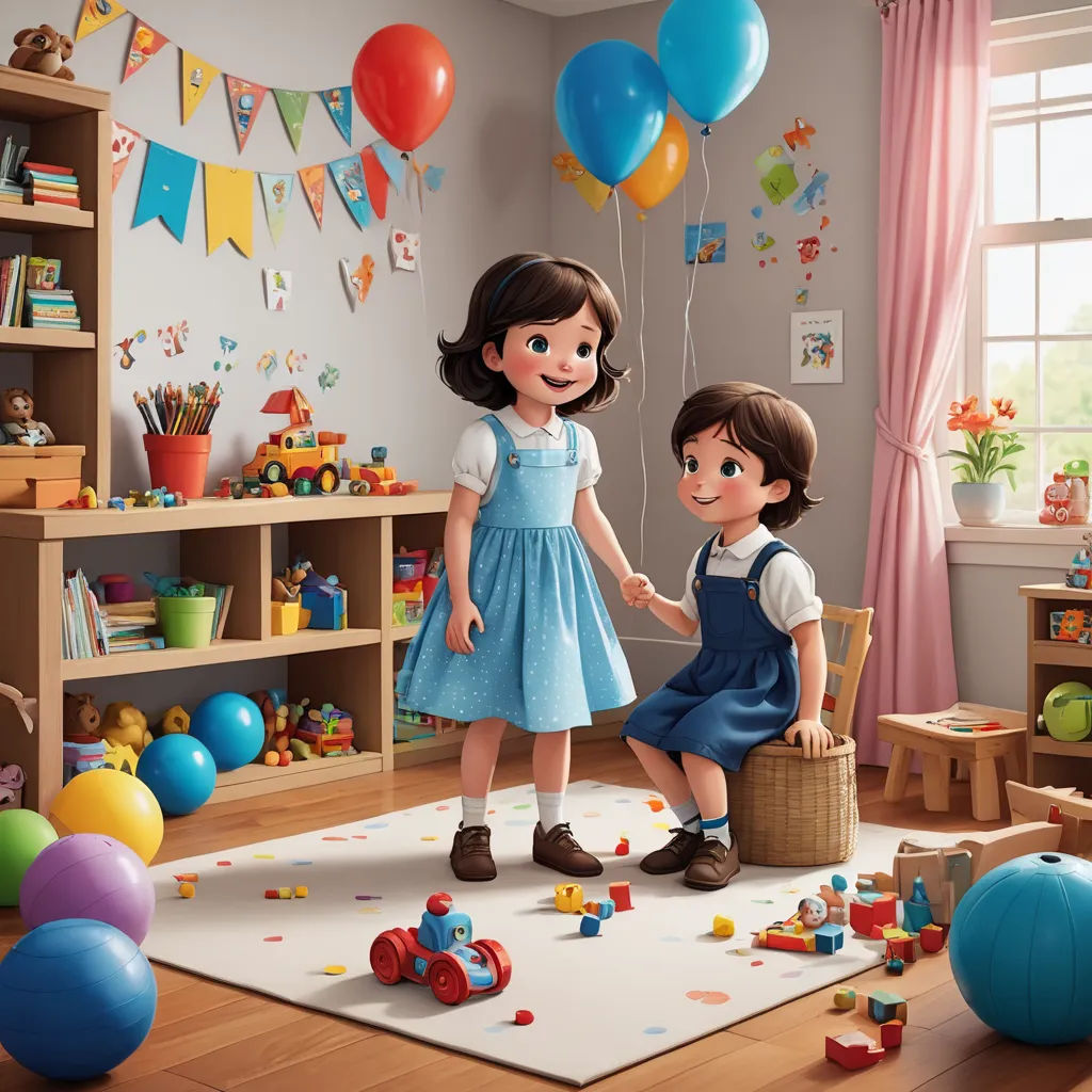 a couple of kids standing on top of a rug in a room filled with toys and balloons on the floor, photorealism, a storybook illustration, Christopher Moeller, pixar and disney animation