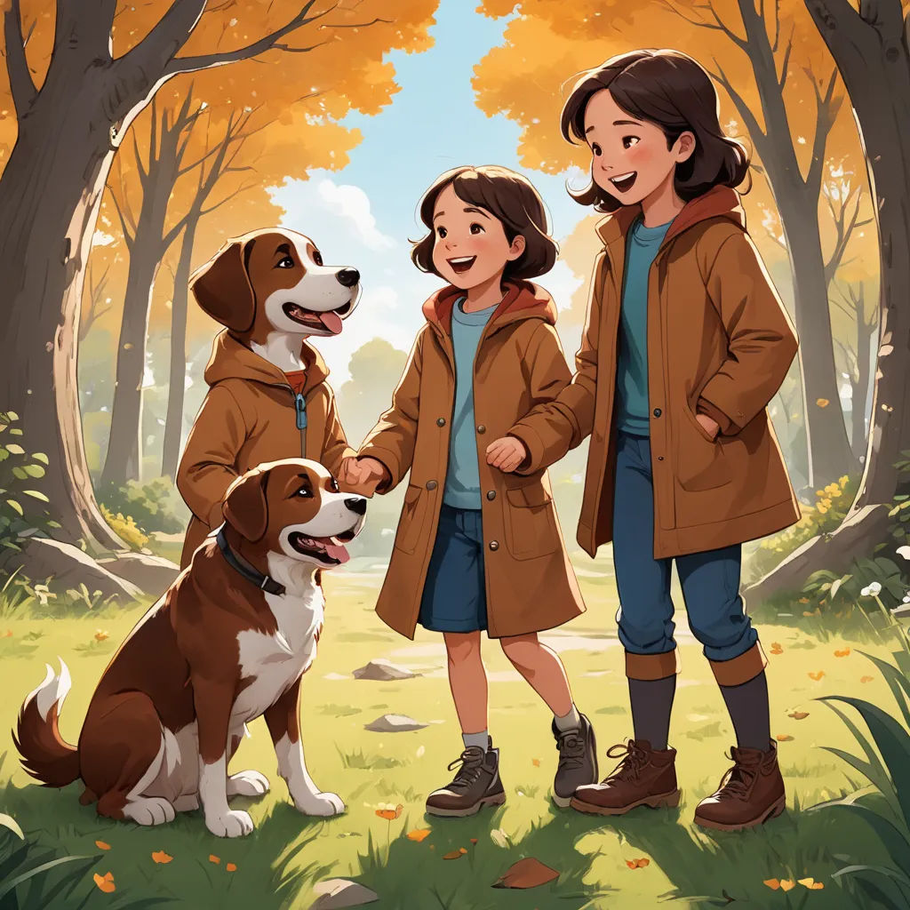a couple of kids standing next to a dog in a forest with trees and leaves on the ground and a dog on the ground, serial art, a storybook illustration, Diego Gisbert Llorens, official art