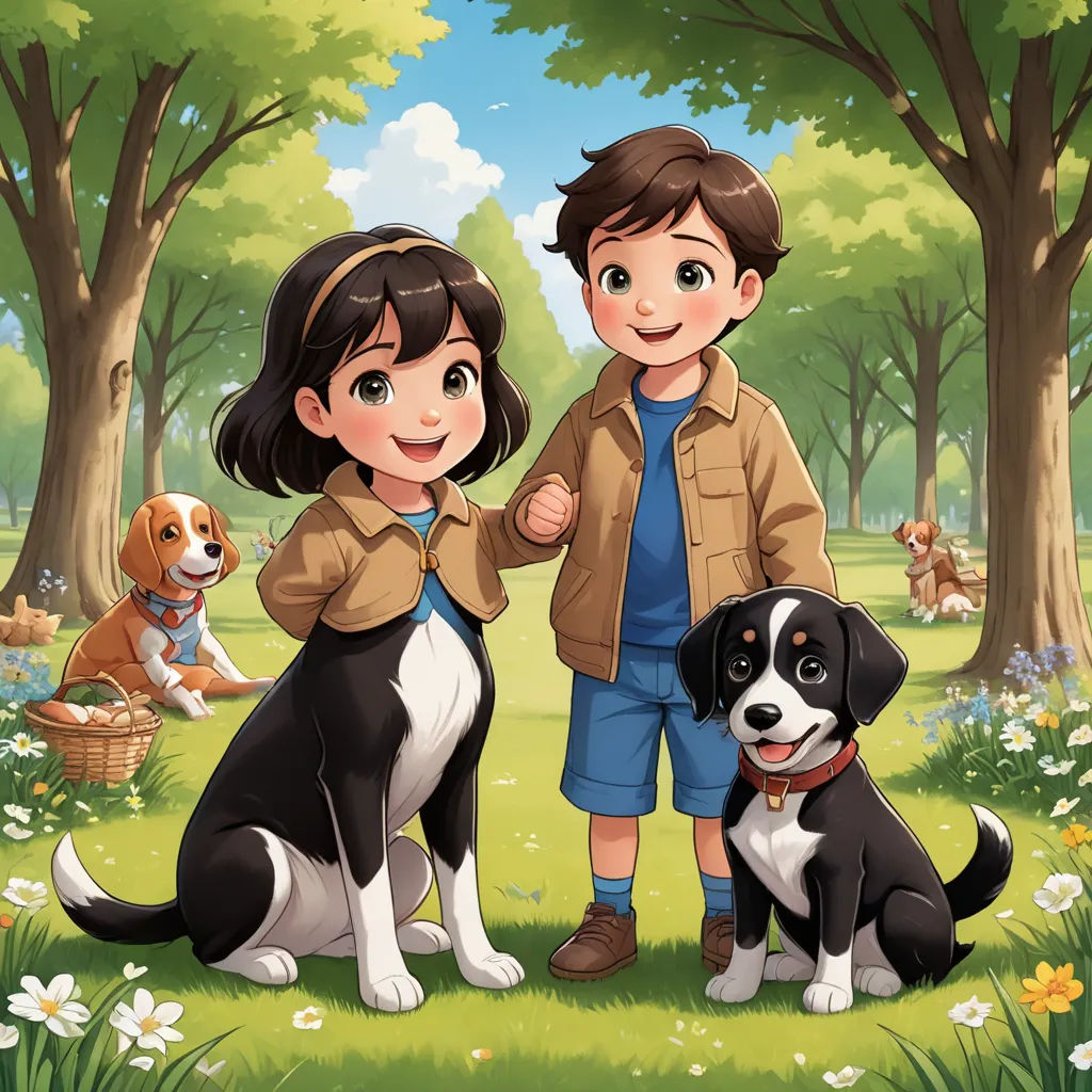a boy and a girl standing next to a dog in a park with trees and flowers on the ground, serial art, a storybook illustration, David Park, official art