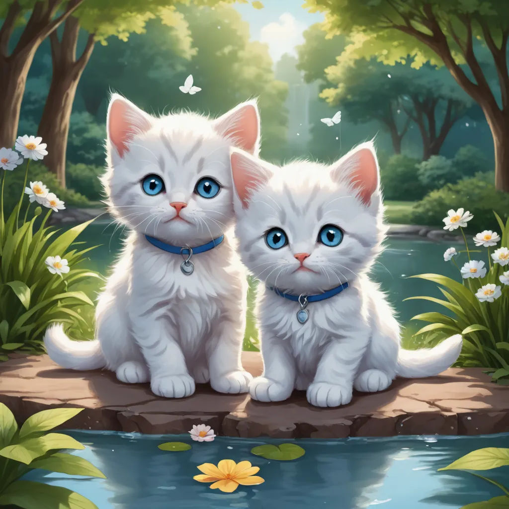 two white kittens sitting on a rock by a pond with flowers and butterflies around them, with a butterfly flying above them, fantasy art, a detailed painting, Anne Stokes, cute and funny