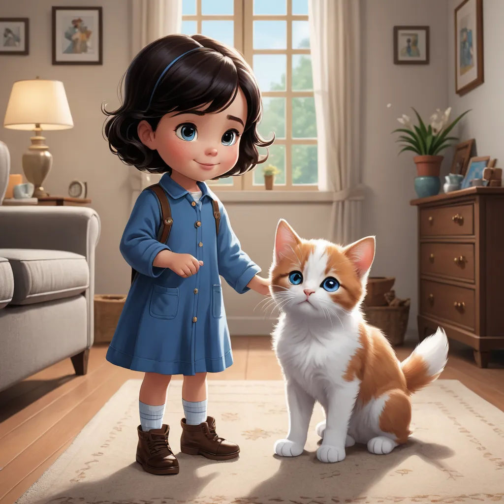 a little girl standing next to a cat in a living room next to a window with a cat on it, photorealism, a storybook illustration, Ada Gladys Killins, promotional image
