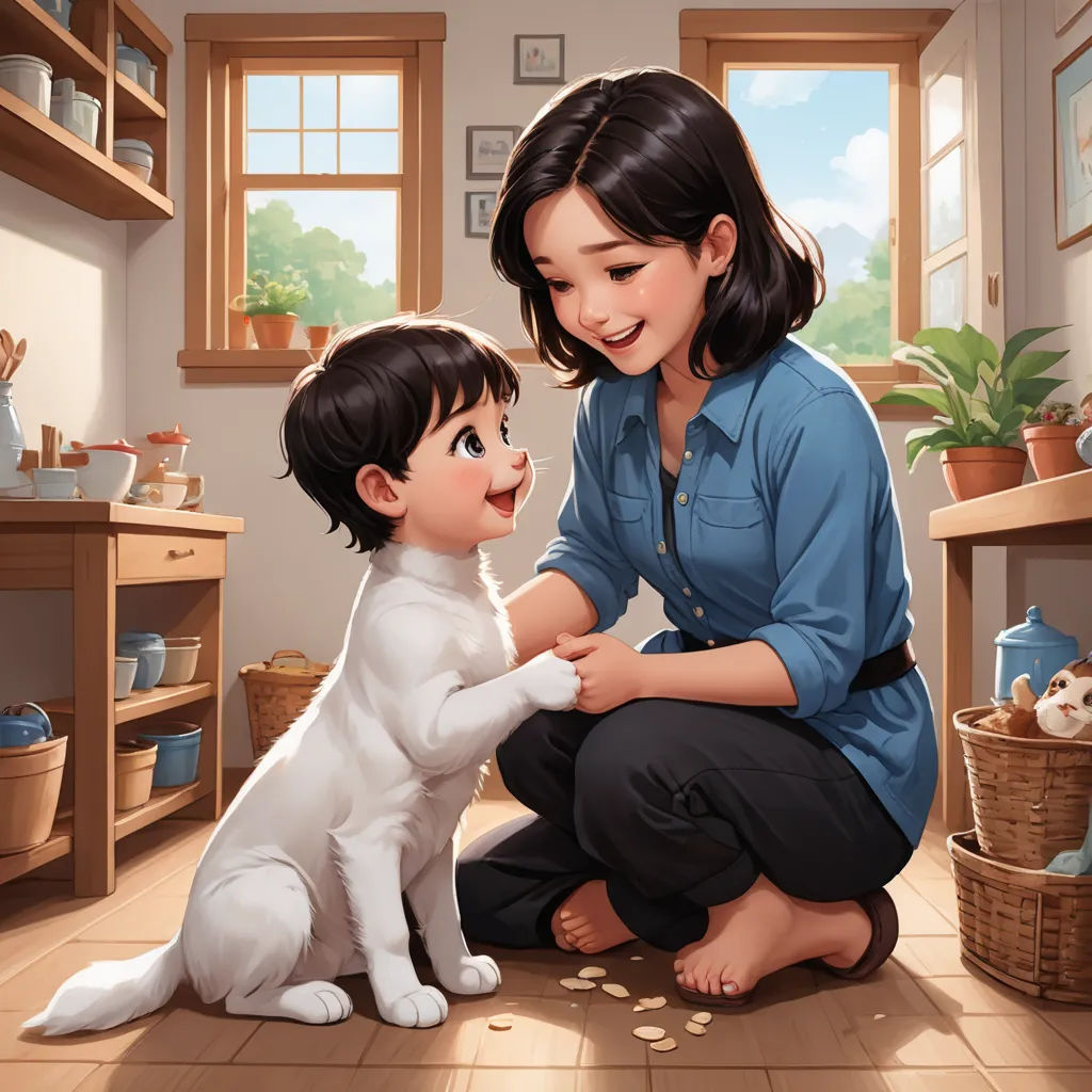 a woman kneeling down next to a white dog on a wooden floor next to a window and a cat, furry art, a storybook illustration, Aaron Jasinski, official art