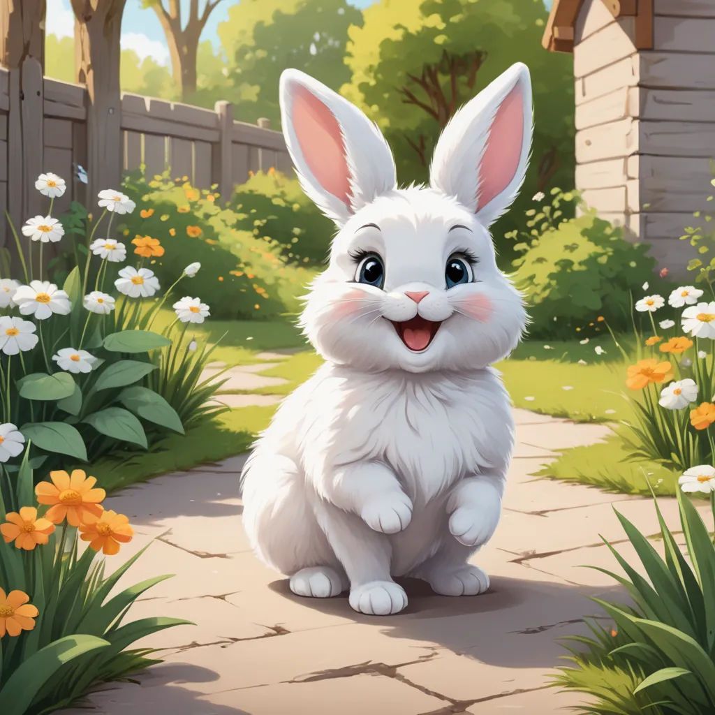 a white rabbit sitting in a garden with flowers and a house in the background with a fence and a wooden gate, furry art, a digital painting, Beatrix Potter, rossdraws global illumination
