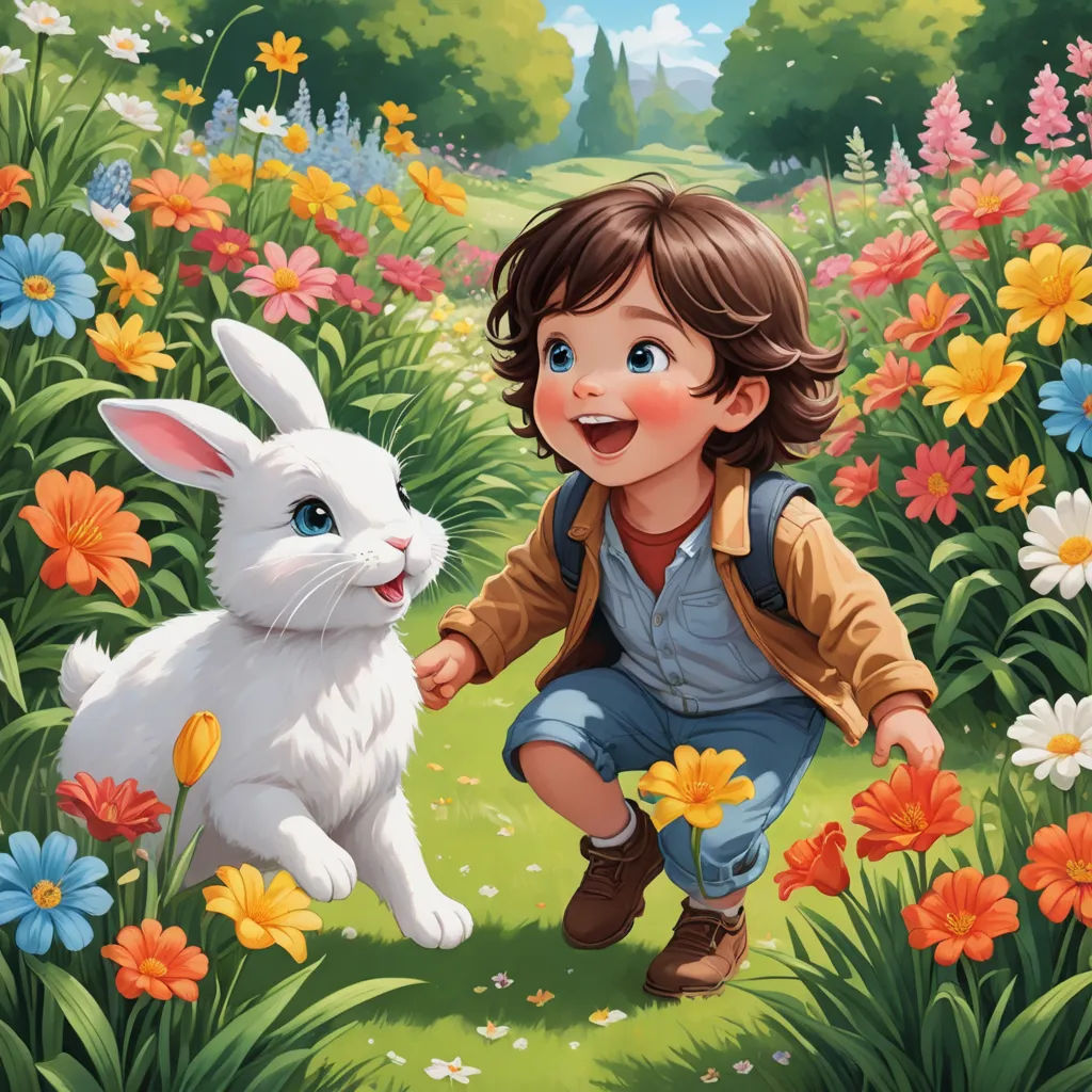 a little boy kneeling down next to a white rabbit in a field of flowers and daisies with a forest in the background, color field, a storybook illustration, Aaron Jasinski, official art