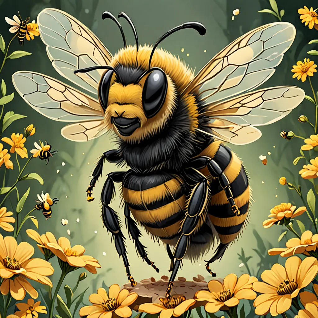 a bee with a lot of bees around it's legs and wings, standing on a flowery patch, Ed Binkley, furry art, a digital painting, highly detailed digital painting