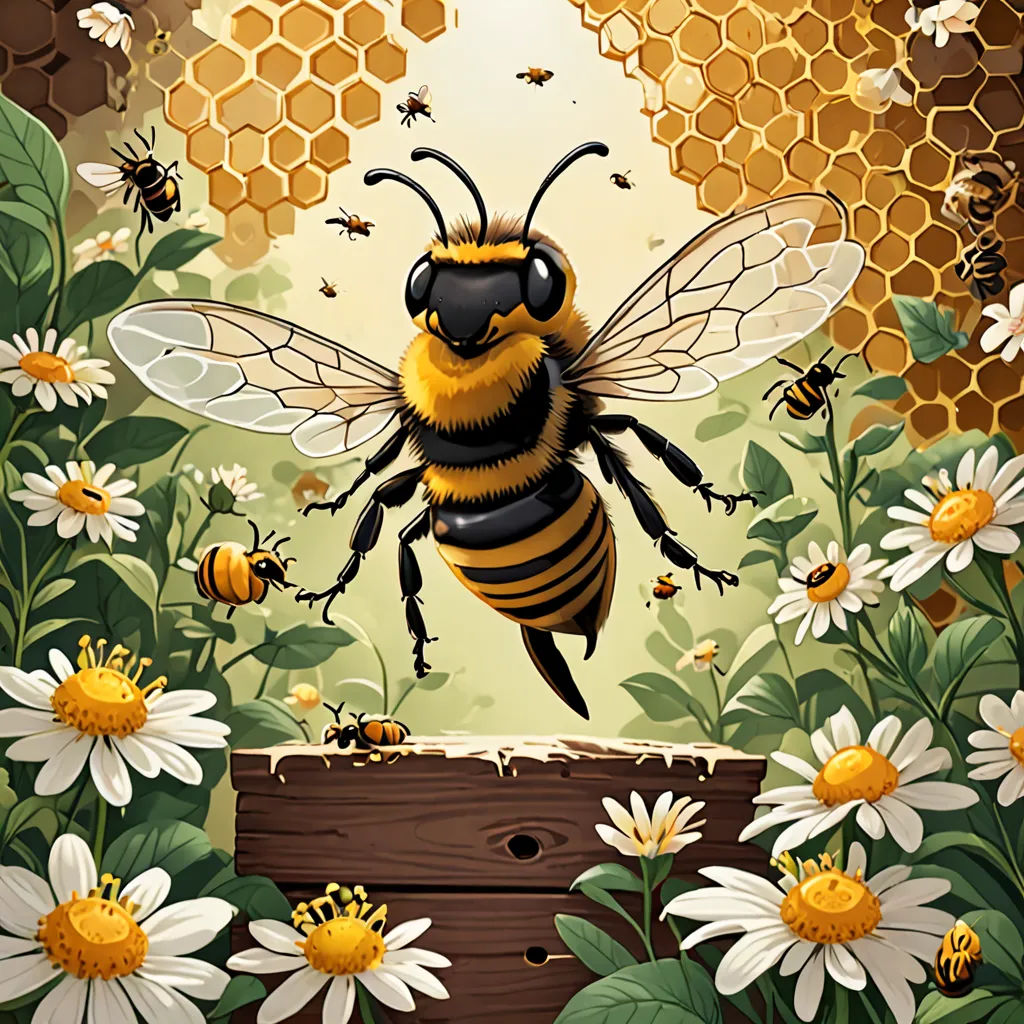 a bee is flying over a wooden plank surrounded by daisies and daisies with bees on it, and a honeycomb in the background, Chris LaBrooy, environmental art, a storybook illustration, highly detailed digital painting