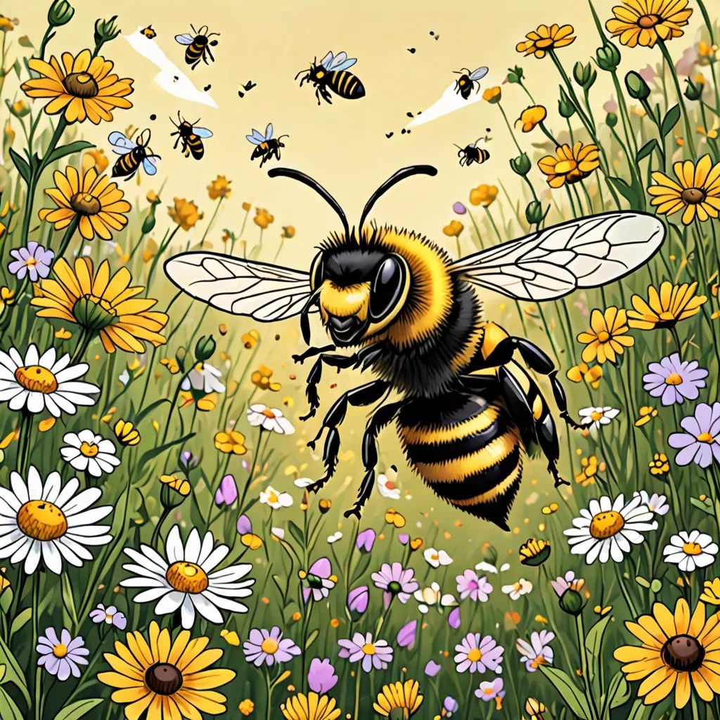 a bee flying over a field of flowers and daisies with bees flying overhead in the background of the picture, Chris LaBrooy, ecological art, an illustration of, detailed illustration