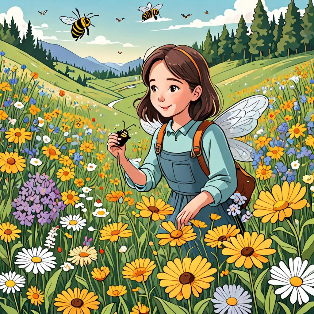 a girl in a field of flowers with a bee flying over her head and a mountain in the background, Choi Buk, environmental art, a storybook illustration, storybook illustration