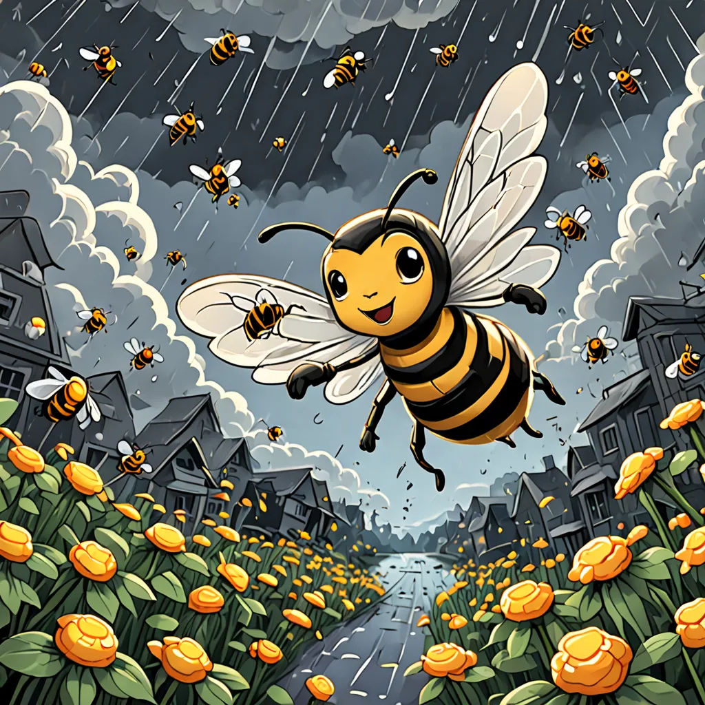 a cartoon of a bee flying over a rain soaked city with flowers and rain falling from the sky and a rain cloud, Chris LaBrooy, pop surrealism, a storybook illustration, detailed illustration