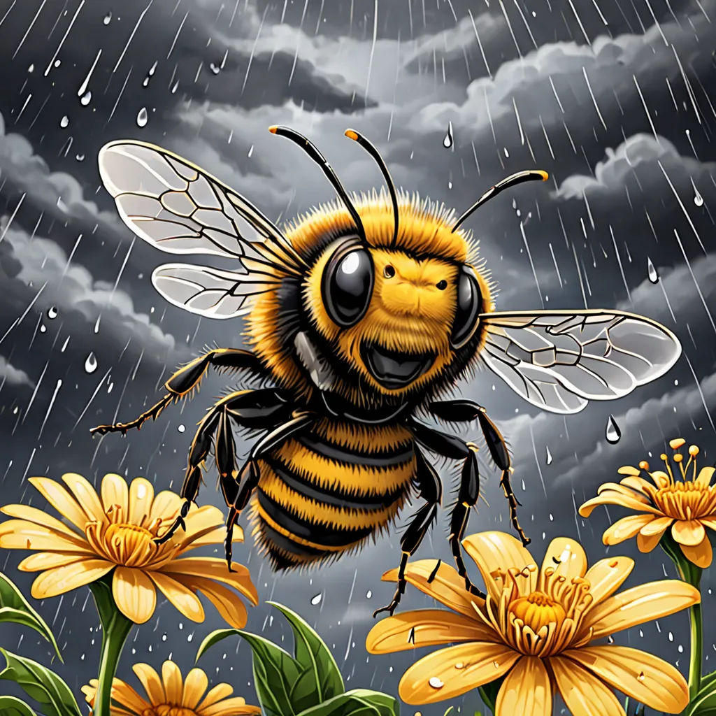 a bee is flying over a flower in the rain with a dark sky background and clouds behind it, with rain drops falling on the bees, Ed Binkley, pop surrealism, a storybook illustration, highly detailed digital painting